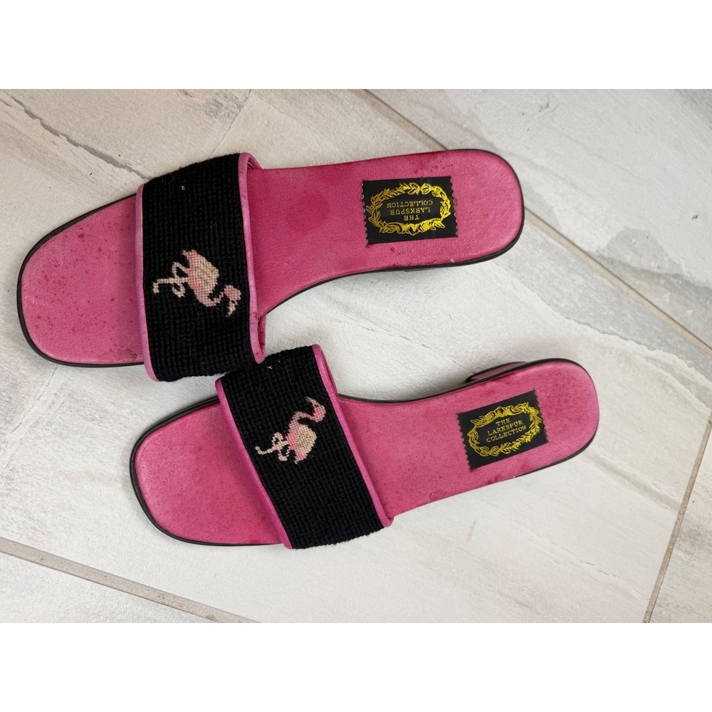 The Larkspur Collection Pink Flamingo Needlepoint Slide Sandals Black Pink 10in